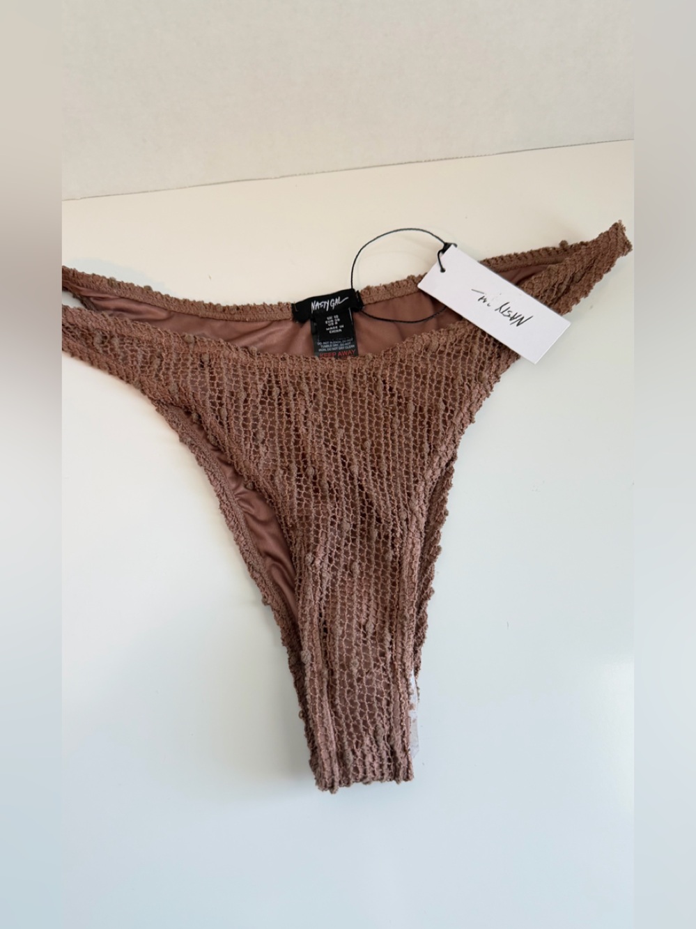 Nasty Gal Brown Crochet Thong Bikini Bottom - Mocha Knit Hygiene Liner Intact
